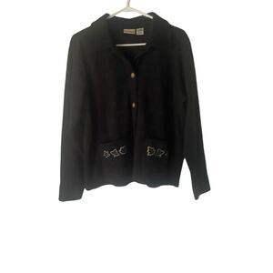 L.L. Bean Vintage 90s Womens Size M Black Leaves Leaf Embroidered Button Sweater